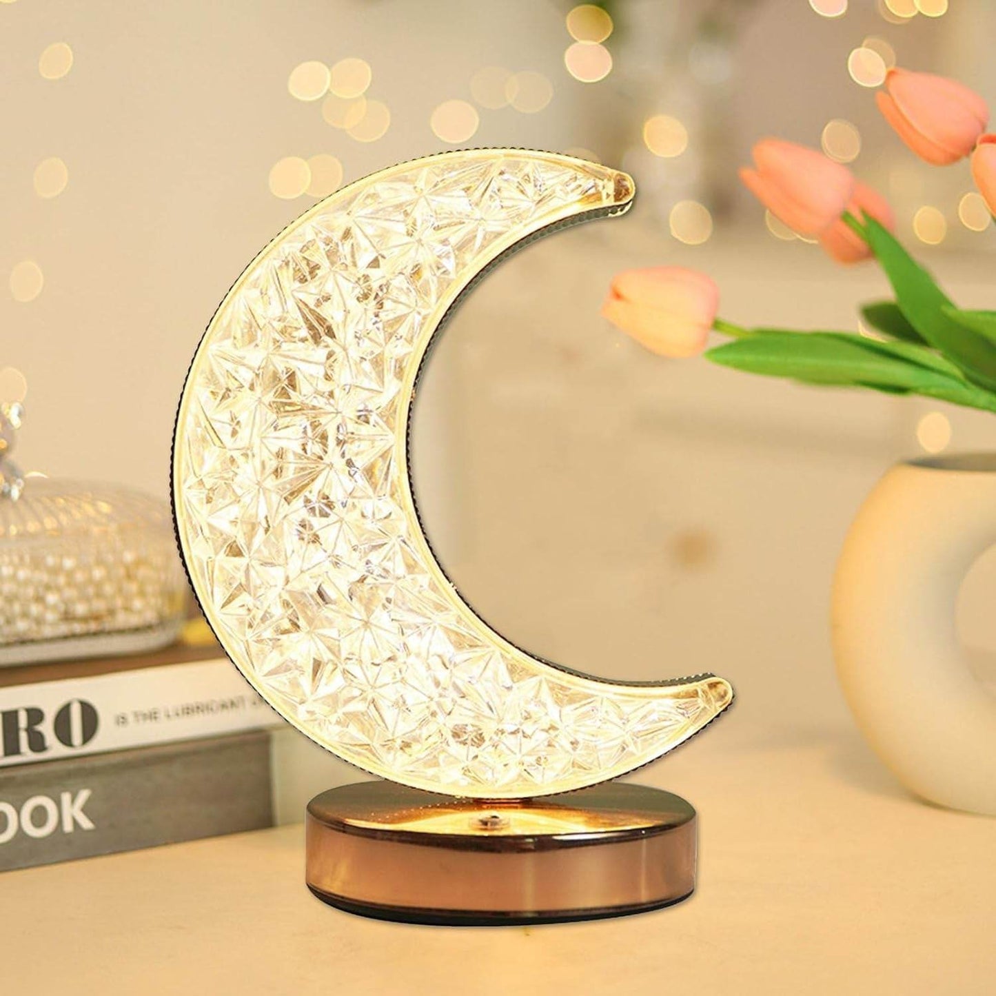 Crystal Table Lamp | Moon Shape Touch Control Lamp with 3 Color | Metal Bedside Lamp for Kids Bedroom Romantic Desktop Nightstand | Stepless Dimming USB Charging Touch Night Light - infinityexculsivestore.com
