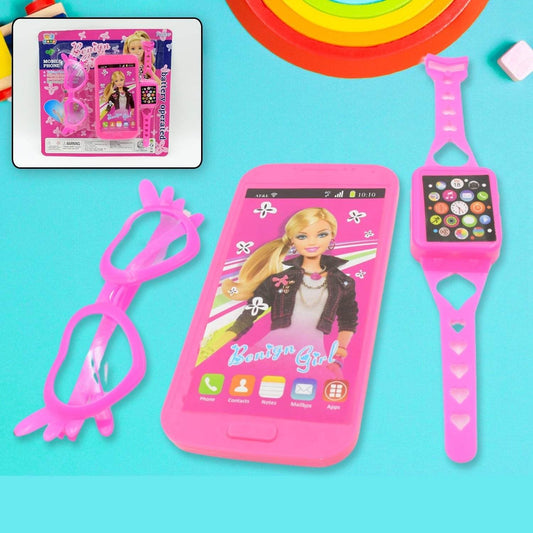 Barbiee Phone, Watch and Glasses Set for Girls, Beautiful Barbie Musical phone ABS Plastic Toy Battery Operated Barbie Glass | Musical Mobile Phone / Toddler / Toy Phone for Kids / Calling Toy Phone (3 Pcs Set, Battery Not Included) - infinityexculsivestore.com