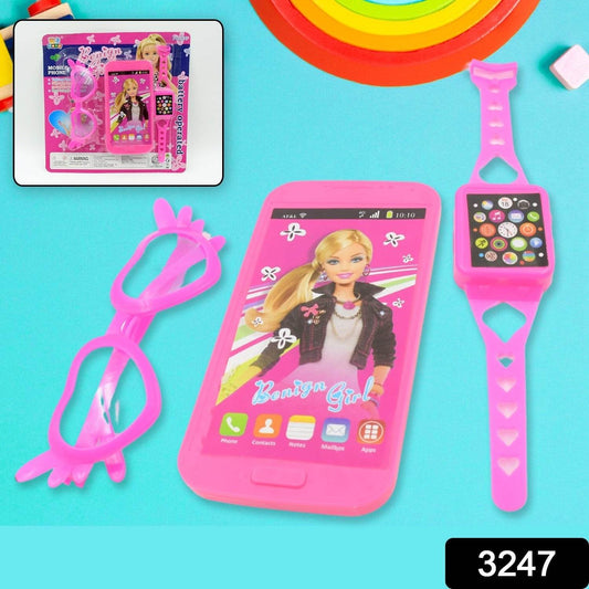 Barbiee Phone, Watch and Glasses Set for Girls, Beautiful Barbie Musical phone ABS Plastic Toy Battery Operated Barbie Glass | Musical Mobile Phone / Toddler / Toy Phone for Kids / Calling Toy Phone (3 Pcs Set, Battery Not Included) - infinityexculsivestore.com