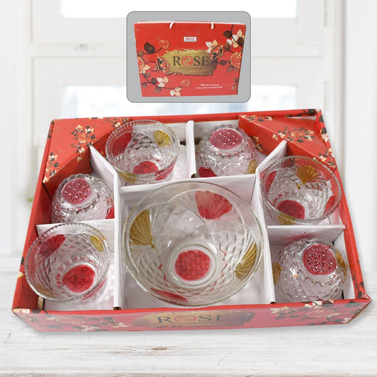 Rose glass Multipurpose Pudding / Dessert / Ice Cream Bowl Set for Home use, Home & Kitchen Serving Bowl for Sundae, Sweets, Snacks, Fruit, Pudding, Nuts or Dip, Serving Bowls 6 Medium & 1 Big Bowl (Set of 7 pc) - infinityexculsivestore.com