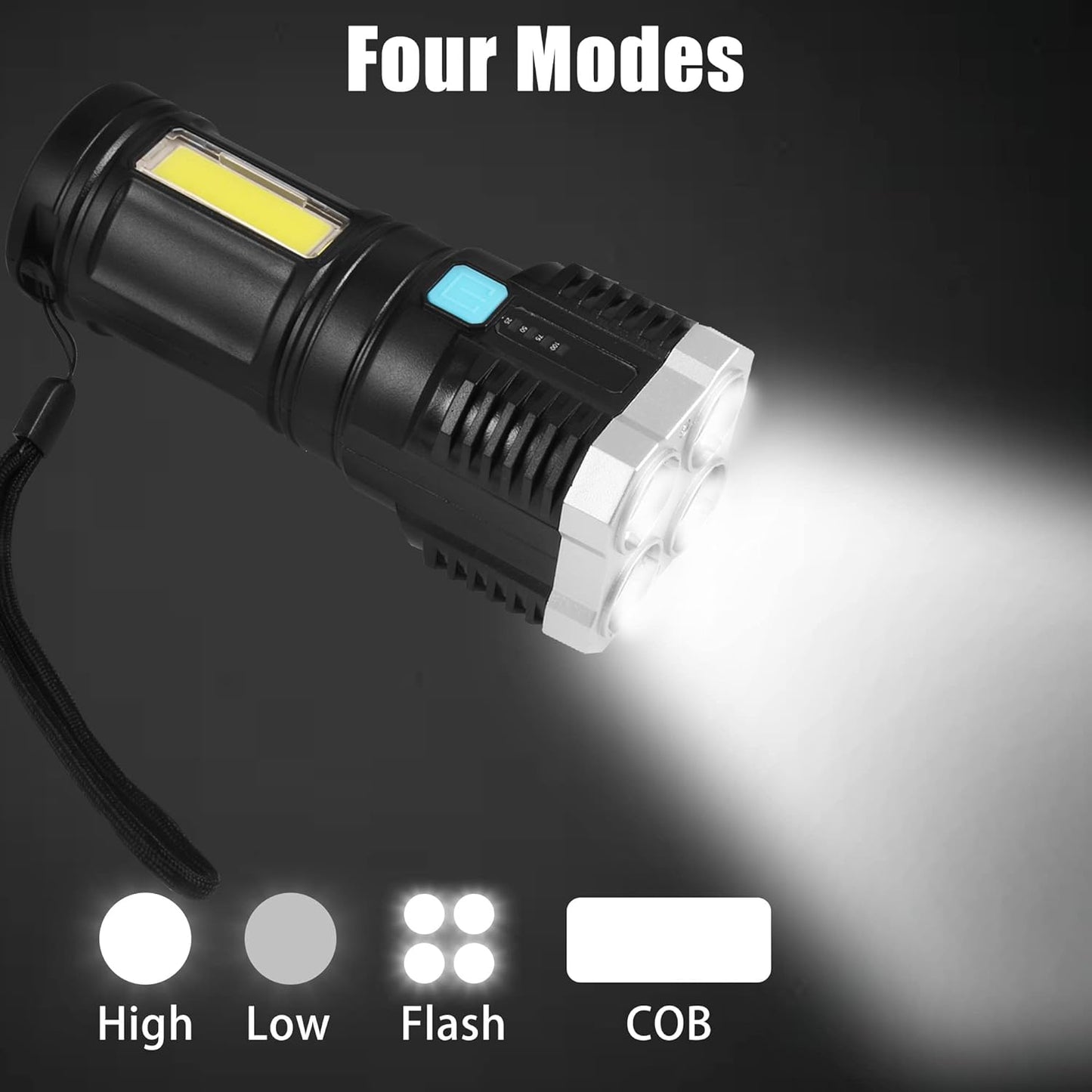 Multifunctional Strong 4 LED Torch Light, Portable Rechargeable Flashlight Long Distance Beam Range 800 Lumens COB Light 4 Mode Emergency for Hiking, Walking, Camping (4 LED Torch) - infinityexculsivestore.com