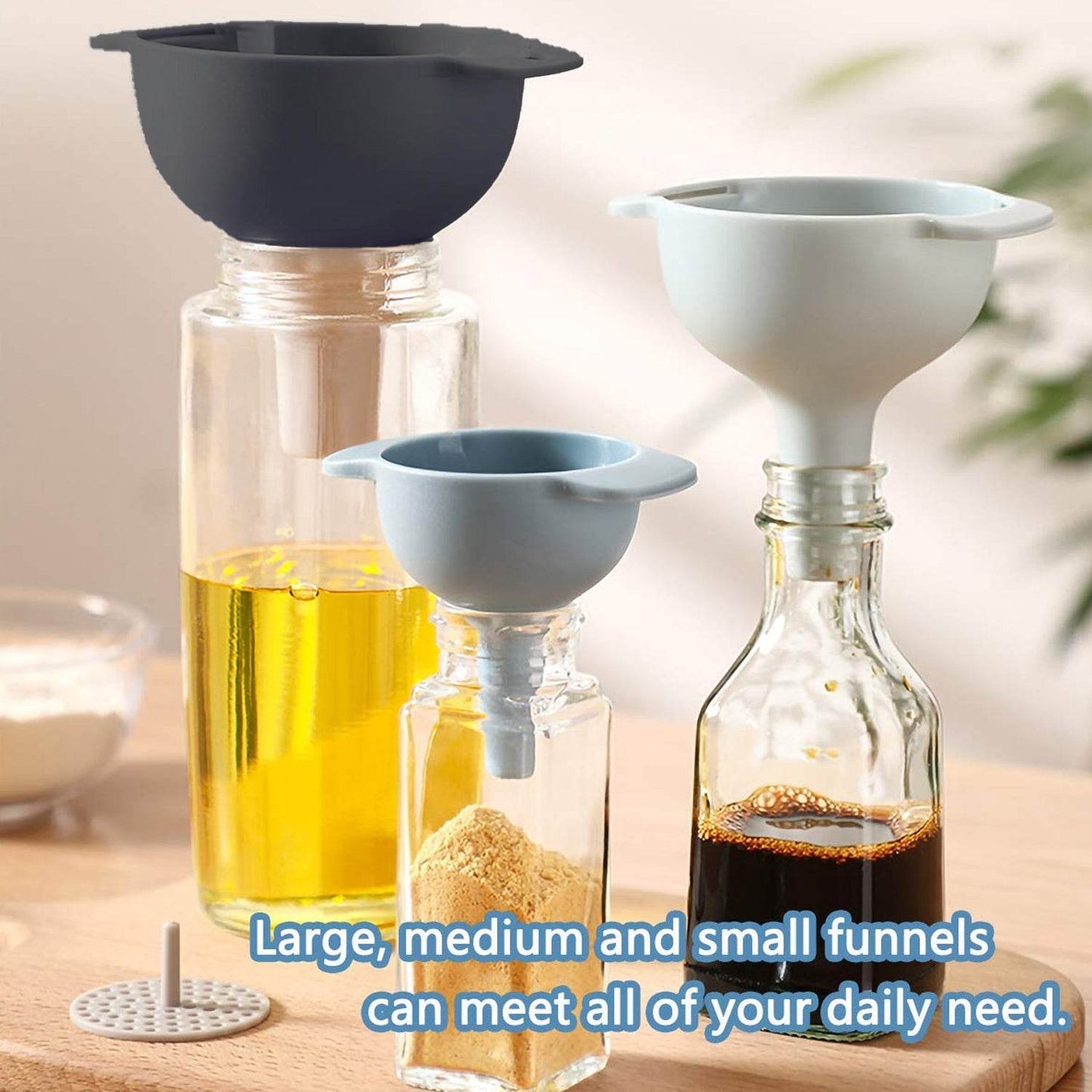 3 in 1 Kitchen Funnel Set of 3, Funnel for Filling Bottle, Small Canning Funnel with Handle, Food Grade Plastic Funnel with Detachable Strainer Filter for Liquid, Dry Ingredients, and Powder - infinityexculsivestore.com