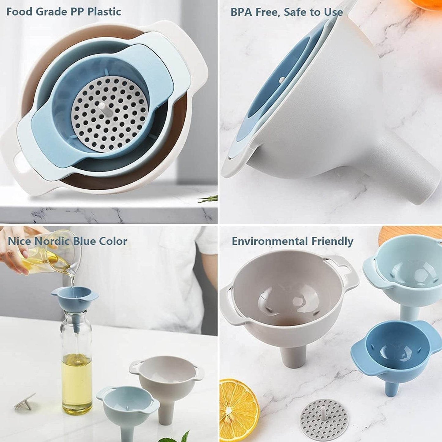 3 in 1 Kitchen Funnel Set of 3, Funnel for Filling Bottle, Small Canning Funnel with Handle, Food Grade Plastic Funnel with Detachable Strainer Filter for Liquid, Dry Ingredients, and Powder - infinityexculsivestore.com