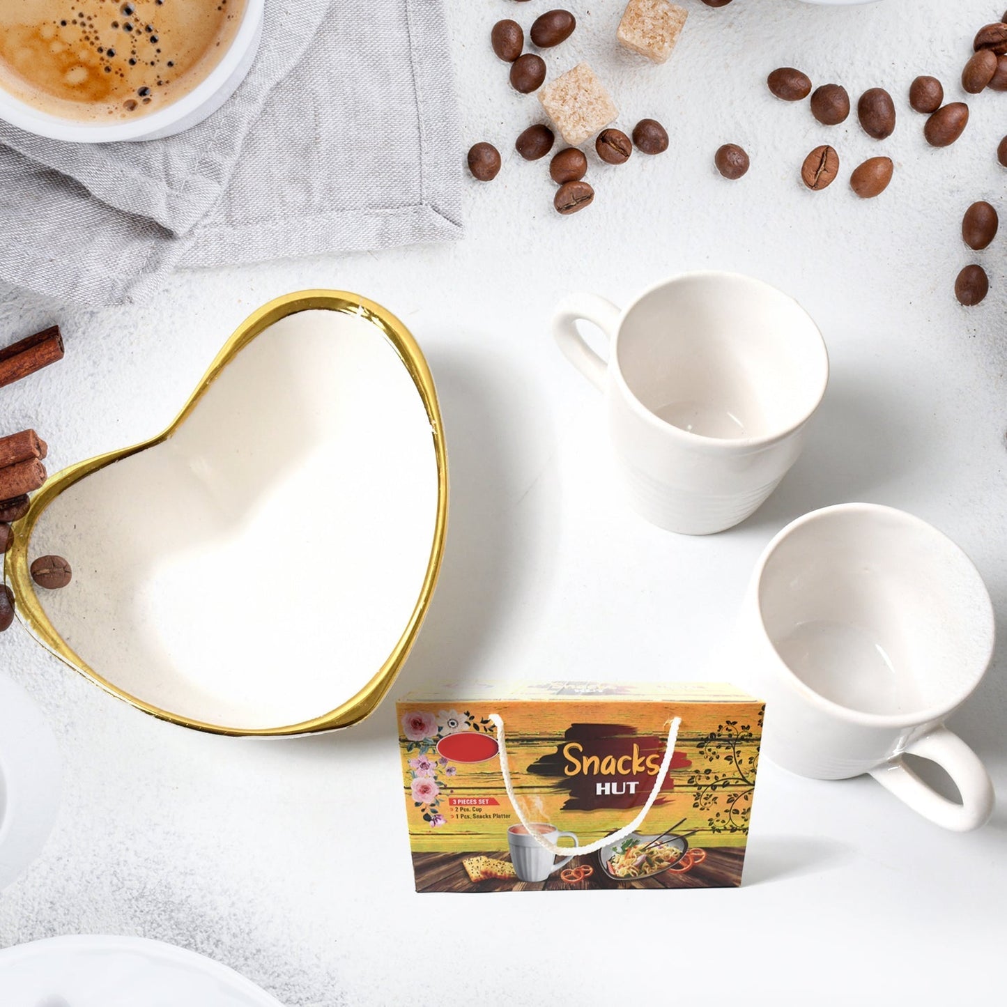 Snacks Hut Ceramic Tea / Cups Set With Heart Shape Plastic Serving Platter, Milk Cup / Mug, Coffee Cup, Tea Cup BPA Free Food Grade, or Outdoor for Household Gift For Birthday (3 Pcs Set) - infinityexculsivestore.com
