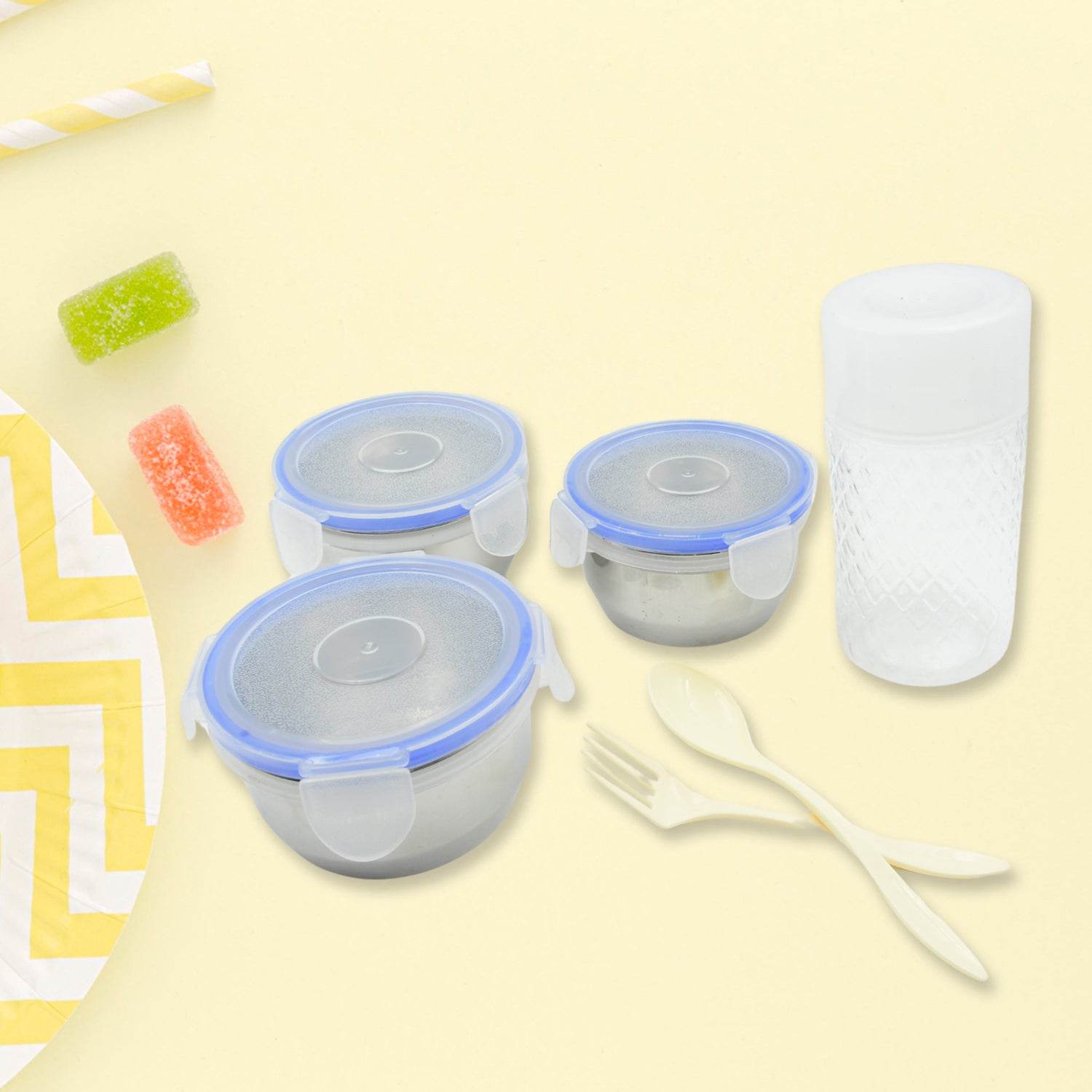 6In1 Tiffin Box-Lunch Box | 3 Stainless Steel Containers | Plastic lid Box | Spoon & Fork /Plastic Bottle | Insulated Fabric Bag | Leak Proof | Microwave Safe for Office, College and School for Men, Women (6 pcs) - infinityexculsivestore.com