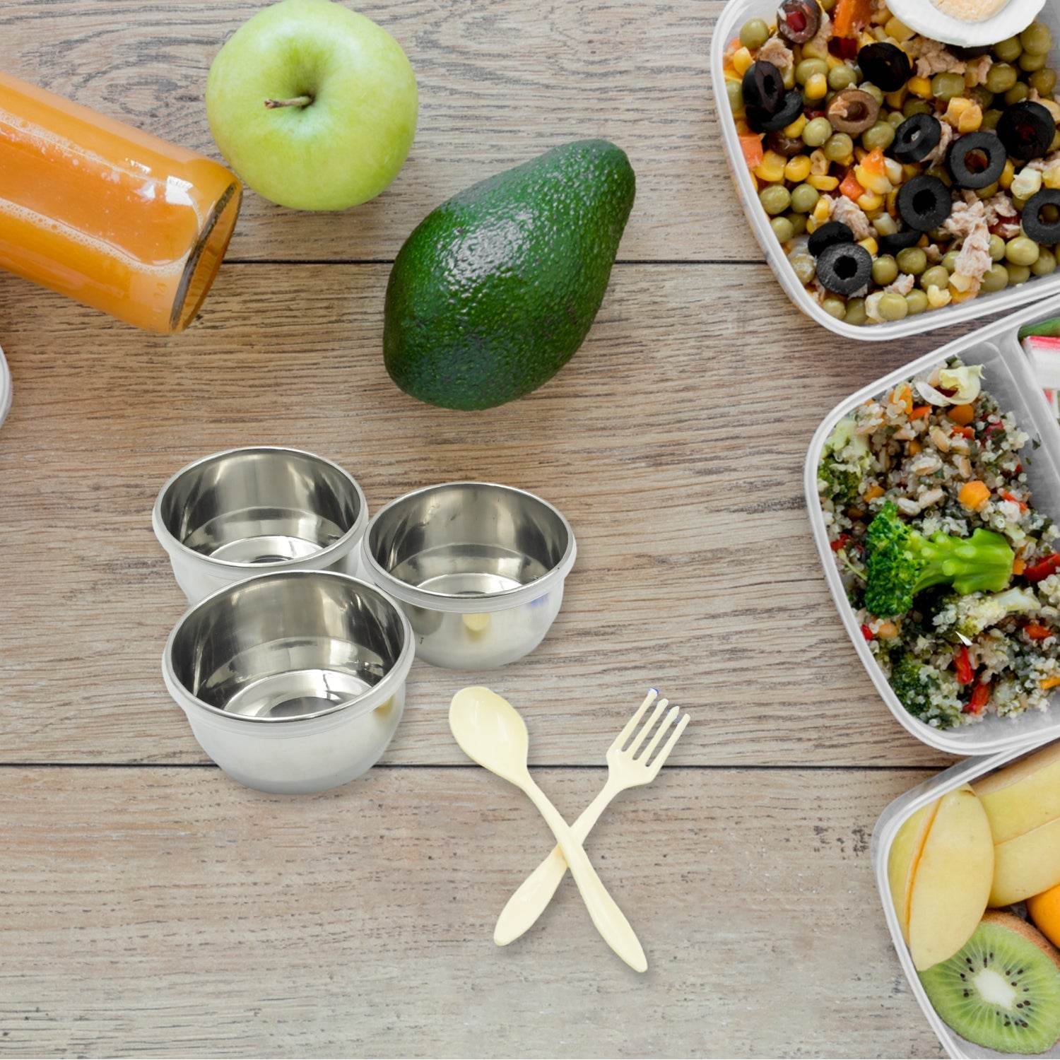 6In1 Tiffin Box-Lunch Box | 3 Stainless Steel Containers | Plastic lid Box | Spoon & Fork /Plastic Bottle | Insulated Fabric Bag | Leak Proof | Microwave Safe for Office, College and School for Men, Women (6 pcs) - infinityexculsivestore.com