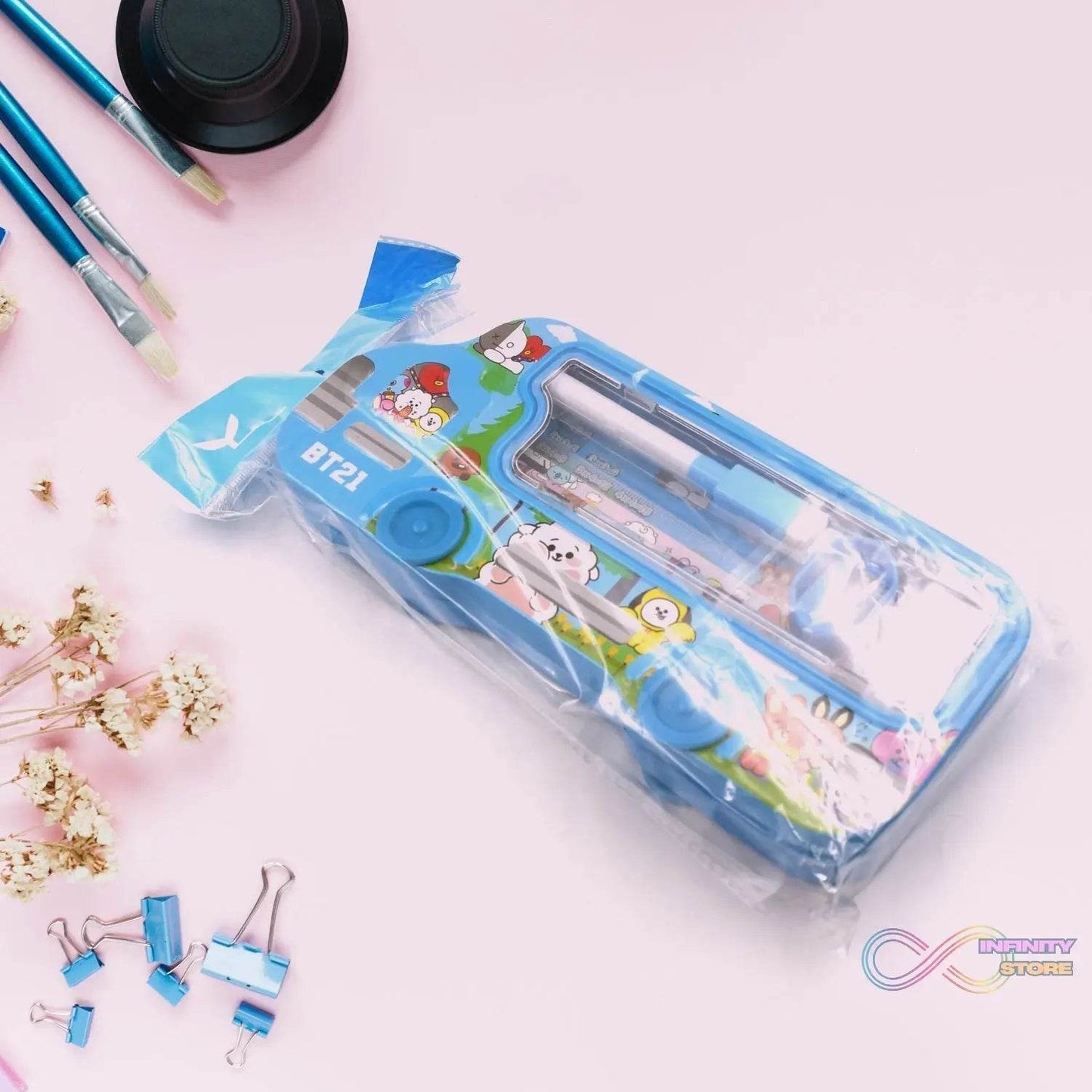 Bus Shape Compass Box for Boys, Kids School Accessories | Pencil Box with Wheels for Girls and Kids, String Operated Case Students School Supplies - Stationery Set Organizer Birthday Return Gift for Kids - infinityexculsivestore.com