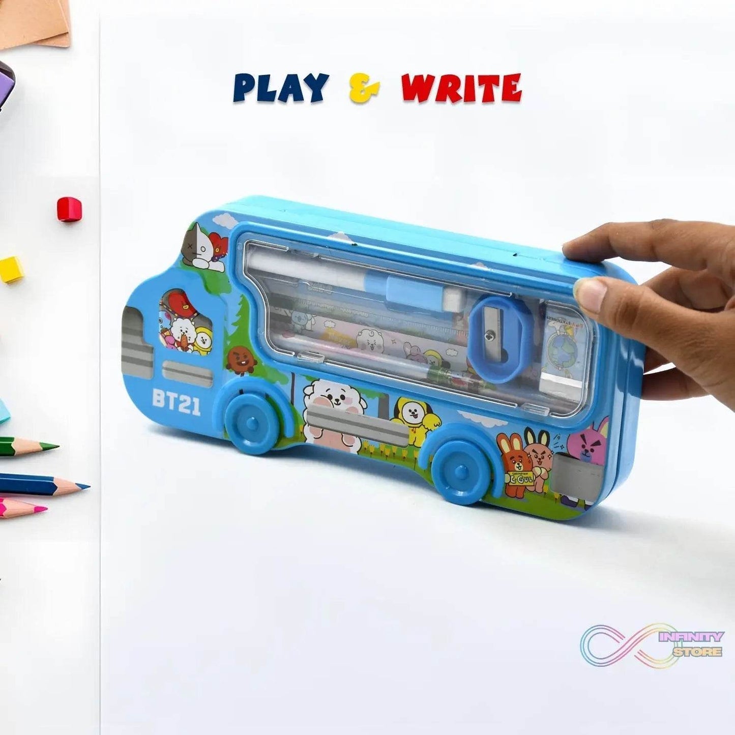 Bus Shape Compass Box for Boys, Kids School Accessories | Pencil Box with Wheels for Girls and Kids, String Operated Case Students School Supplies - Stationery Set Organizer Birthday Return Gift for Kids - infinityexculsivestore.com