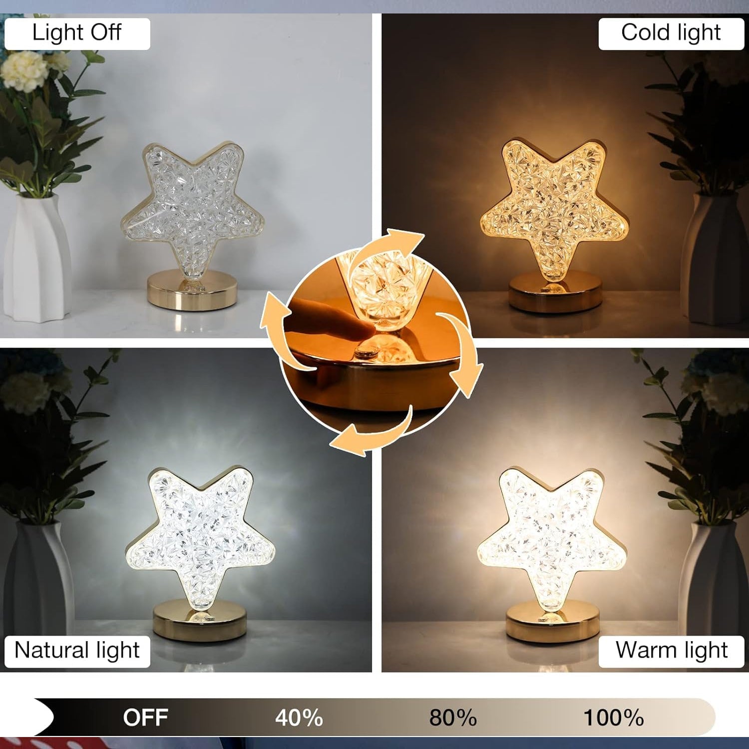 Star Shape Crystal Diamond Lamp Cordless Luxury Lamp with USB Rechargeable, 3 - Way Dimmable & Touch Control Decorative Nightstand Lamp for Bedroom, Living Room, Party, Restaurant Decor (1 Pc ) - infinityexculsivestore.com