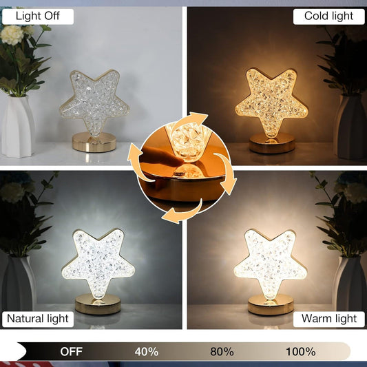 Star Shape Crystal Diamond Lamp Cordless Luxury Lamp with USB Rechargeable, 3 - Way Dimmable & Touch Control Decorative Nightstand Lamp for Bedroom, Living Room, Party, Restaurant Decor (1 Pc ) - infinityexculsivestore.com