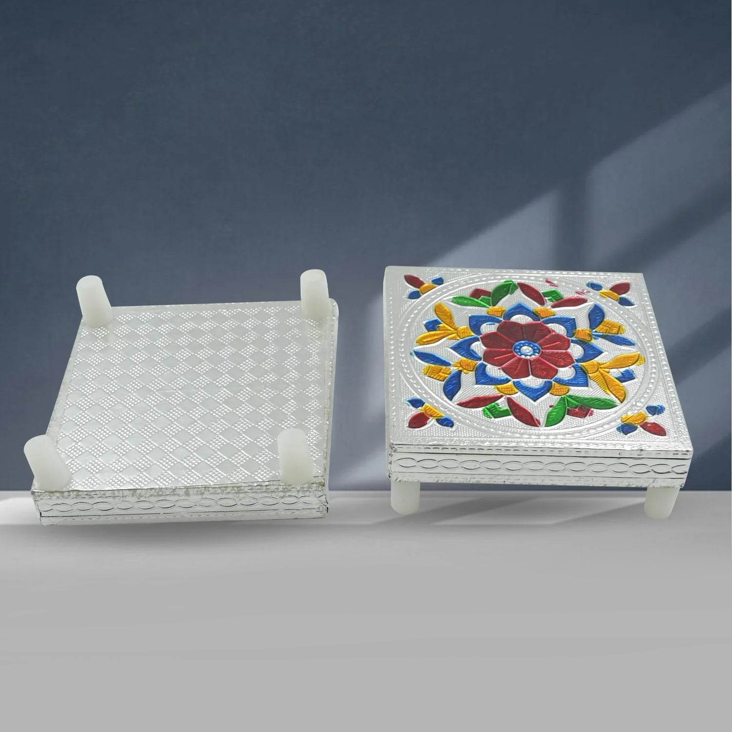 1 Pc Meenakari Wooden Chowki & Bajot Set: For Home & Office Puja (Multicolor) - infinityexculsivestore.com