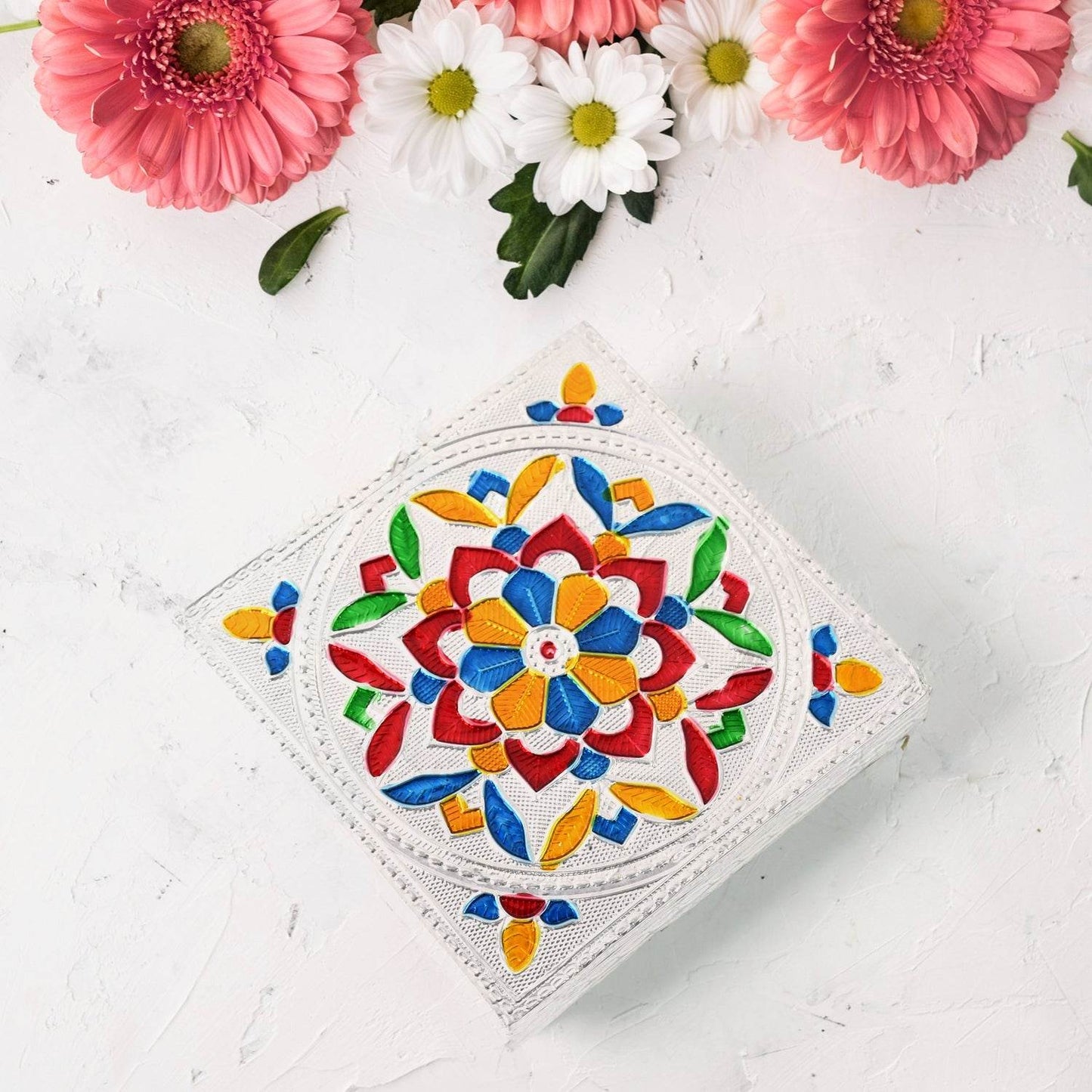 1 Pc Meenakari Wooden Chowki & Bajot Set: For Home & Office Puja (Multicolor) - infinityexculsivestore.com