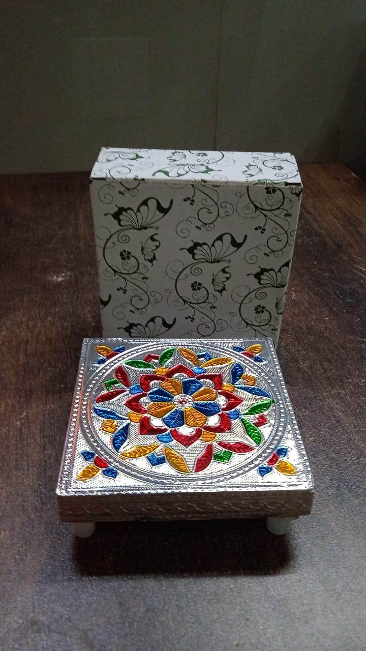 1 Pc Meenakari Wooden Chowki & Bajot Set: For Home & Office Puja (Multicolor) - infinityexculsivestore.com