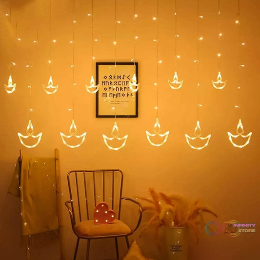 12 Diya Curtain String Lights, Window Curtain Lights with 8 Flashing Modes Decoration Light (White Color) - infinityexculsivestore.com