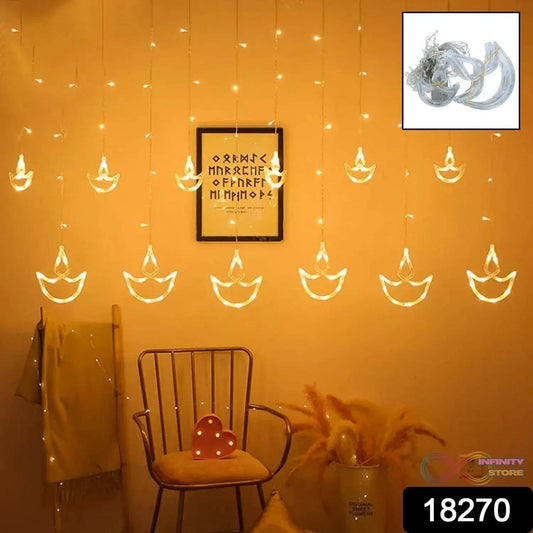 12 Diya Curtain String Lights, Window Curtain Lights with 8 Flashing Modes Decoration Light (White Color) - infinityexculsivestore.com