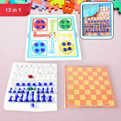13 in 1 Family Board Game Chess, Snakes & Ladders, Ludo, Tic-Tac-Toe, Checkers, Travel Bingo, Football, Space Venture, Steeplechase Set for Kids - infinityexculsivestore.com