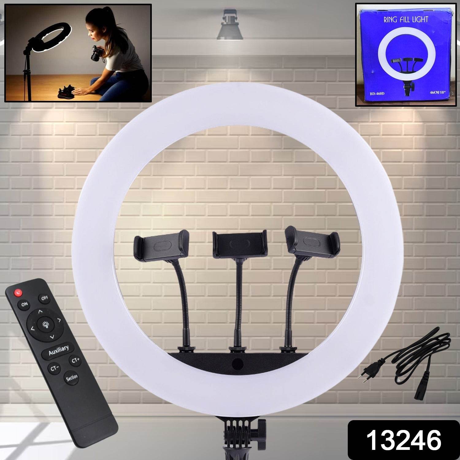 18 Inch LED Ring Light with 3 Colour Modes & 3 Mobile Holders, Remote Control (1 Set) - infinityexculsivestore.com