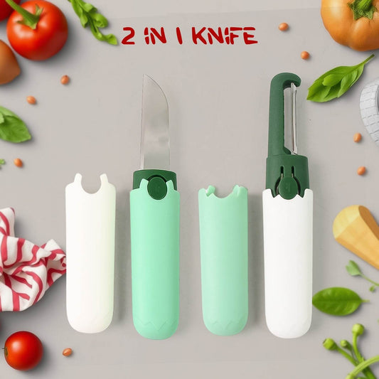 2 in 1 Knife, Multifunctional peeler Two in one fruit knife, fruit and vegetable cutting knife+sawtooth peeler, apple, carrot, potato, fruit slice antiskid - infinityexculsivestore.com