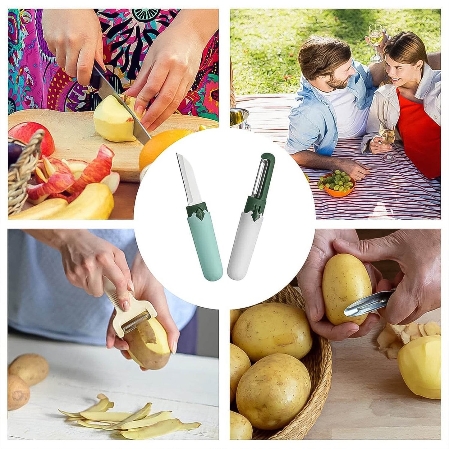 2 in 1 Knife, Multifunctional peeler Two in one fruit knife, fruit and vegetable cutting knife+sawtooth peeler, apple, carrot, potato, fruit slice antiskid - infinityexculsivestore.com