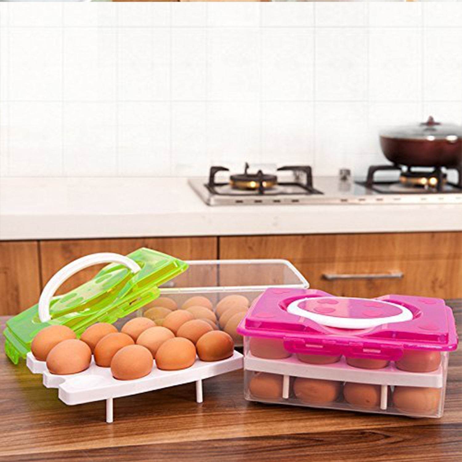 2Layer, 32 Grid Egg Tray with Lid Egg Carrier Holder for Refrigerator, Camping Food Storage Container with Handle (1 Pc ) - infinityexculsivestore.com