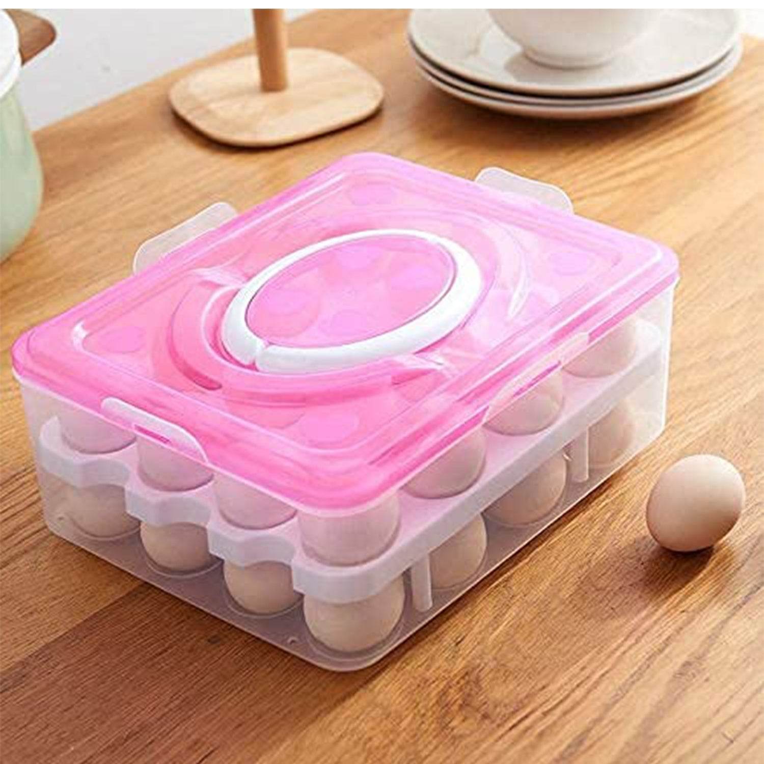 2Layer, 32 Grid Egg Tray with Lid Egg Carrier Holder for Refrigerator, Camping Food Storage Container with Handle (1 Pc ) - infinityexculsivestore.com
