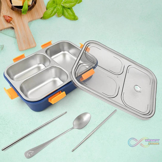 3 Compartment Transparent Stainless Steel Lunch Box with a Spoon and a Pair of Chopsticks (1 Set) - infinityexculsivestore.com