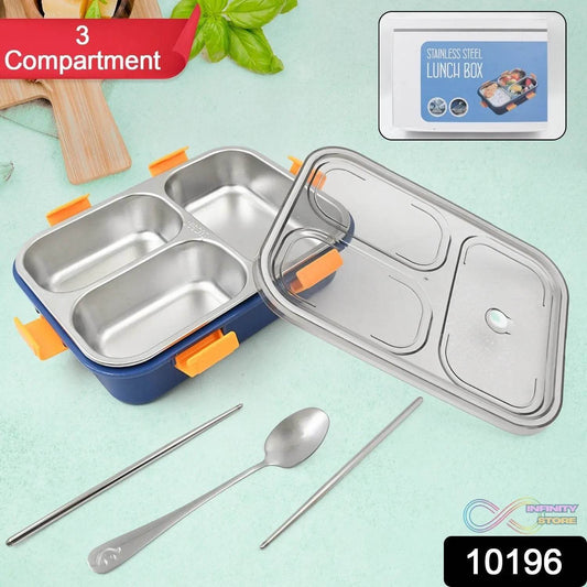 3 Compartment Transparent Stainless Steel Lunch Box with a Spoon and a Pair of Chopsticks (1 Set) - infinityexculsivestore.com
