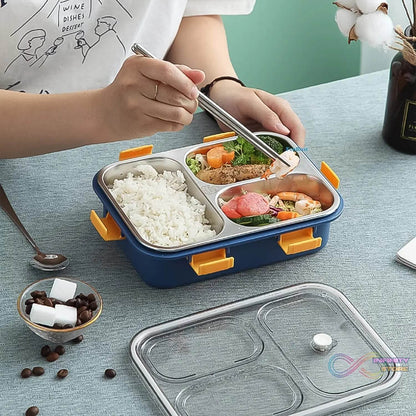 3 Compartment Transparent Stainless Steel Lunch Box with a Spoon and a Pair of Chopsticks (1 Set) - infinityexculsivestore.com