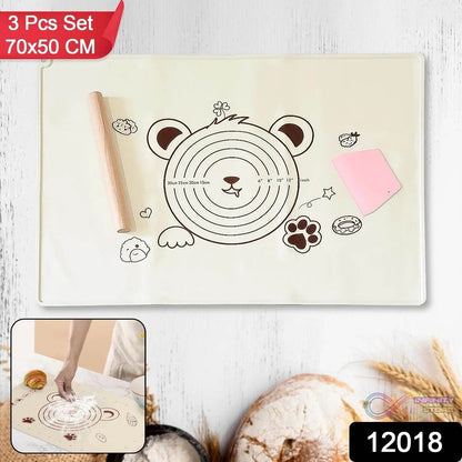 3 In 1 Heavy Silicone Baking Mat With Wooden Belan & Cake Scraper (3 Pcs Set / 70×50 CM) - infinityexculsivestore.com