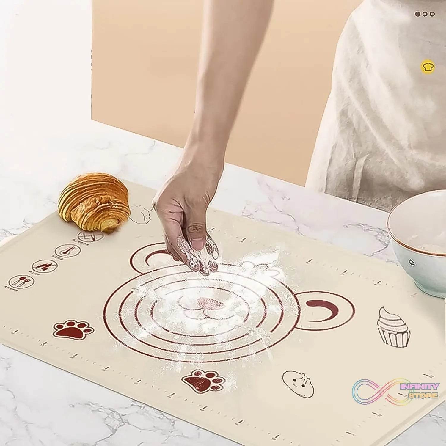 3 In 1 Heavy Silicone Baking Mat With Wooden Belan & Cake Scraper (3 Pcs Set / 70×50 CM) - infinityexculsivestore.com