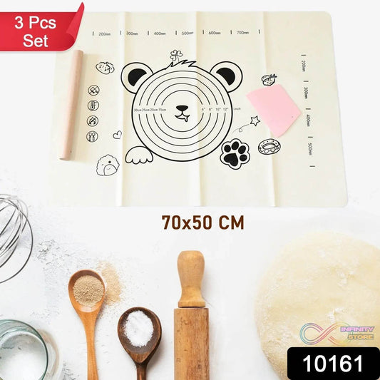 3 In 1 Low Silicone Baking Mat With Wooden Belan & Cake Scraper (3 Pcs Set / 70×50 CM) - infinityexculsivestore.com