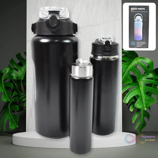 3 In 1 Stainless Steel Insulated Water Bottle, Double Wall Vacuum (3 Pcs Set / Different Size) - infinityexculsivestore.com