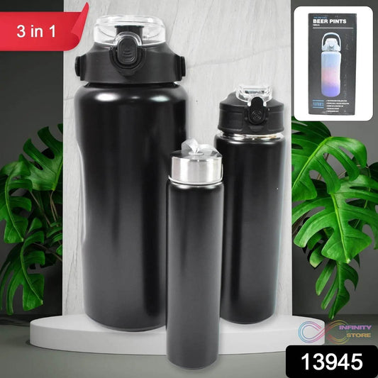 3 In 1 Stainless Steel Insulated Water Bottle, Double Wall Vacuum (3 Pcs Set / Different Size) - infinityexculsivestore.com