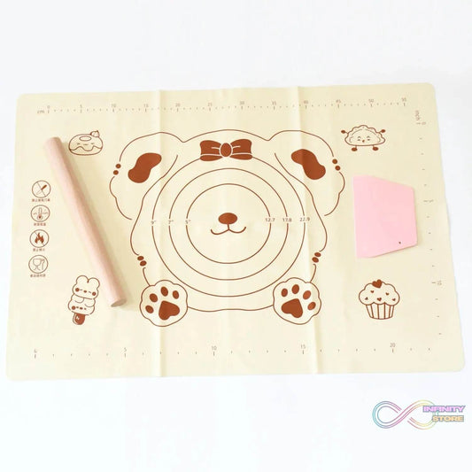 3 In1 Silicone Baking Mat With Wooden Belan & Cake Scraper (3 Pcs Set / 65×45 CM) - infinityexculsivestore.com