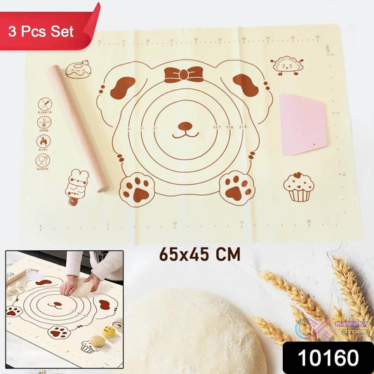 3 In1 Silicone Baking Mat With Wooden Belan & Cake Scraper (3 Pcs Set / 65×45 CM) - infinityexculsivestore.com