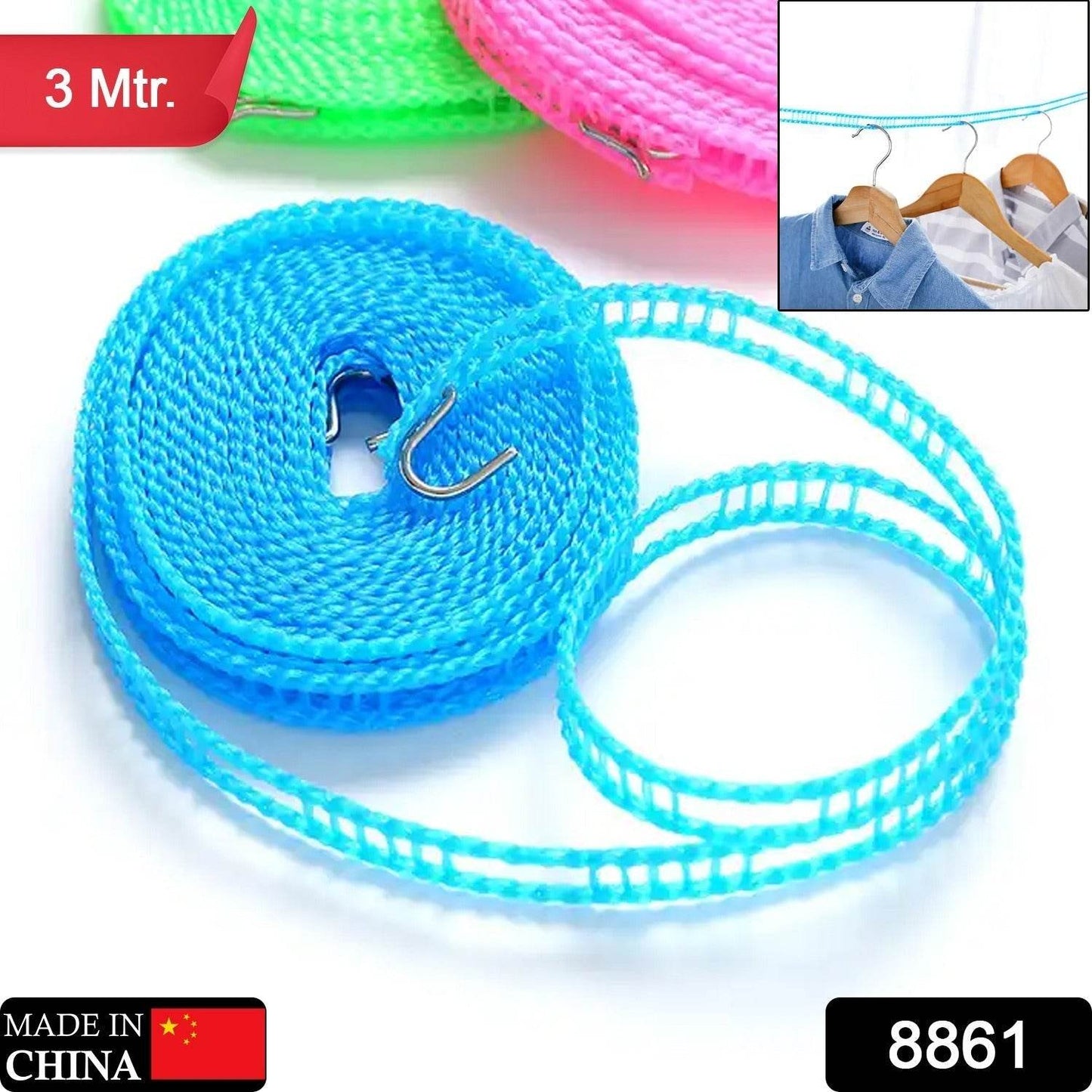 3 Meter Anti-Slip Clothesline Rope - Nylon, Hooks, Indoor/Outdoor - infinityexculsivestore.com