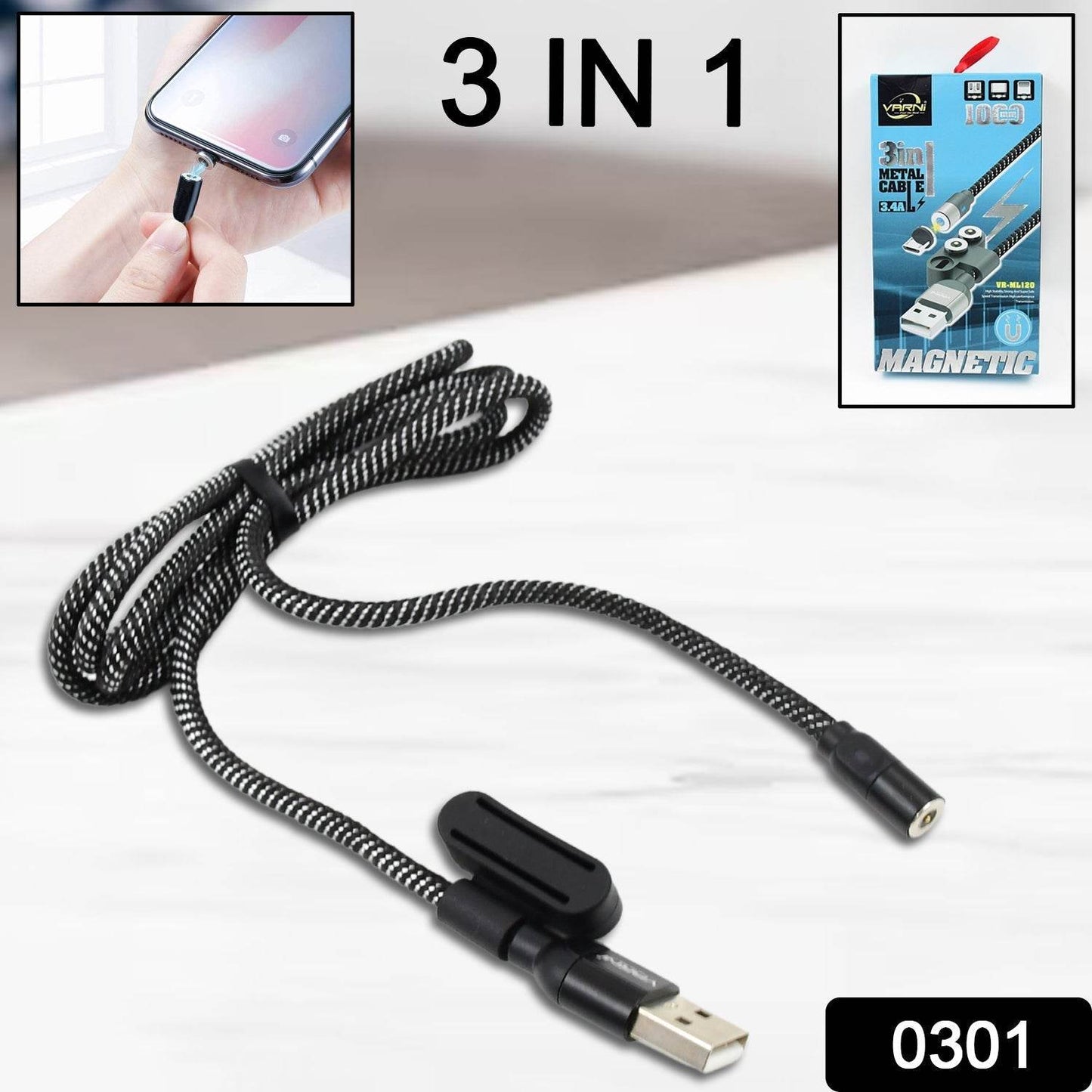 3 in 1 Magnetic USB Charging Cable | USB-c Android and Lightning with Extra Protecting Nylon| Strong Magnetic Cable with Full Rotation Support Fast Charging - infinityexculsivestore.com