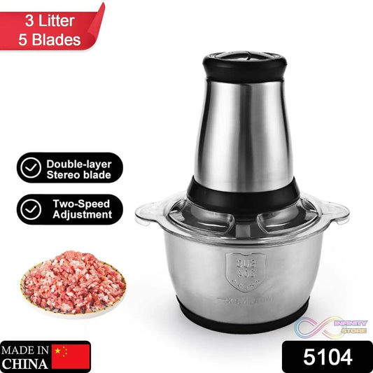 3Ltr Electric Food Processor Stainless Steel Onion Cutter Multi Chopper 2 Speed Levels 5 Blades Universal Chopper for kitchen - infinityexculsivestore.com