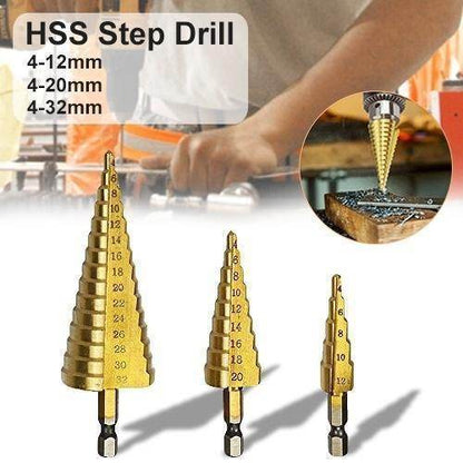'-3X Large HSS Steel Step Cone Drill Titanium Bit Set Hole Cutter (4-32, 4-20, 4-12mm) - infinityexculsivestore.com