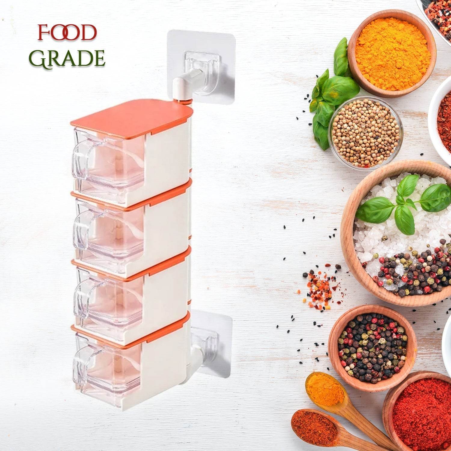 4 Layer Creative Adhesive Wall Hanging Rotary Seasoning Box Condiment Storage Container Kitchen with Spoon Pepper Sugar Spice Jar Rack Food - infinityexculsivestore.com