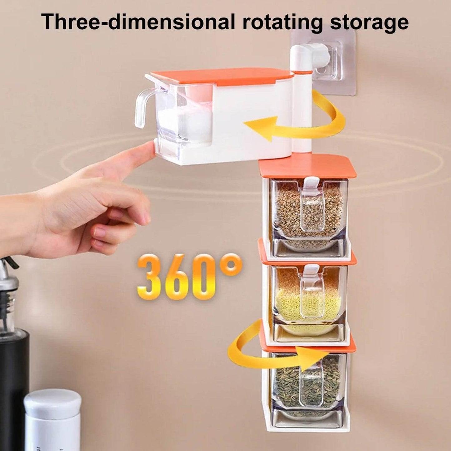 4 Layer Creative Adhesive Wall Hanging Rotary Seasoning Box Condiment Storage Container Kitchen with Spoon Pepper Sugar Spice Jar Rack Food - infinityexculsivestore.com