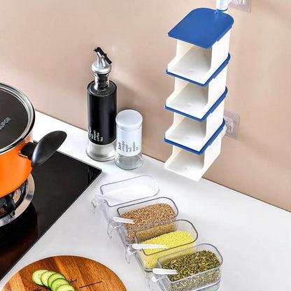 4 Layer Creative Adhesive Wall Hanging Rotary Seasoning Box Condiment Storage Container Kitchen with Spoon Pepper Sugar Spice Jar Rack Food - infinityexculsivestore.com