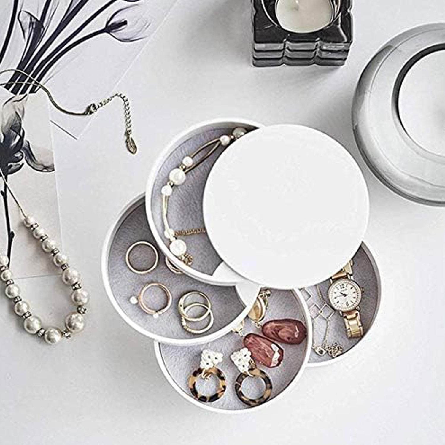 4 Layers Jewellery Box, 360 Degree Rotating Jewelry Box, Jewelry and Earring Organizer Box with Mirror, Accessory Storage Box - infinityexculsivestore.com