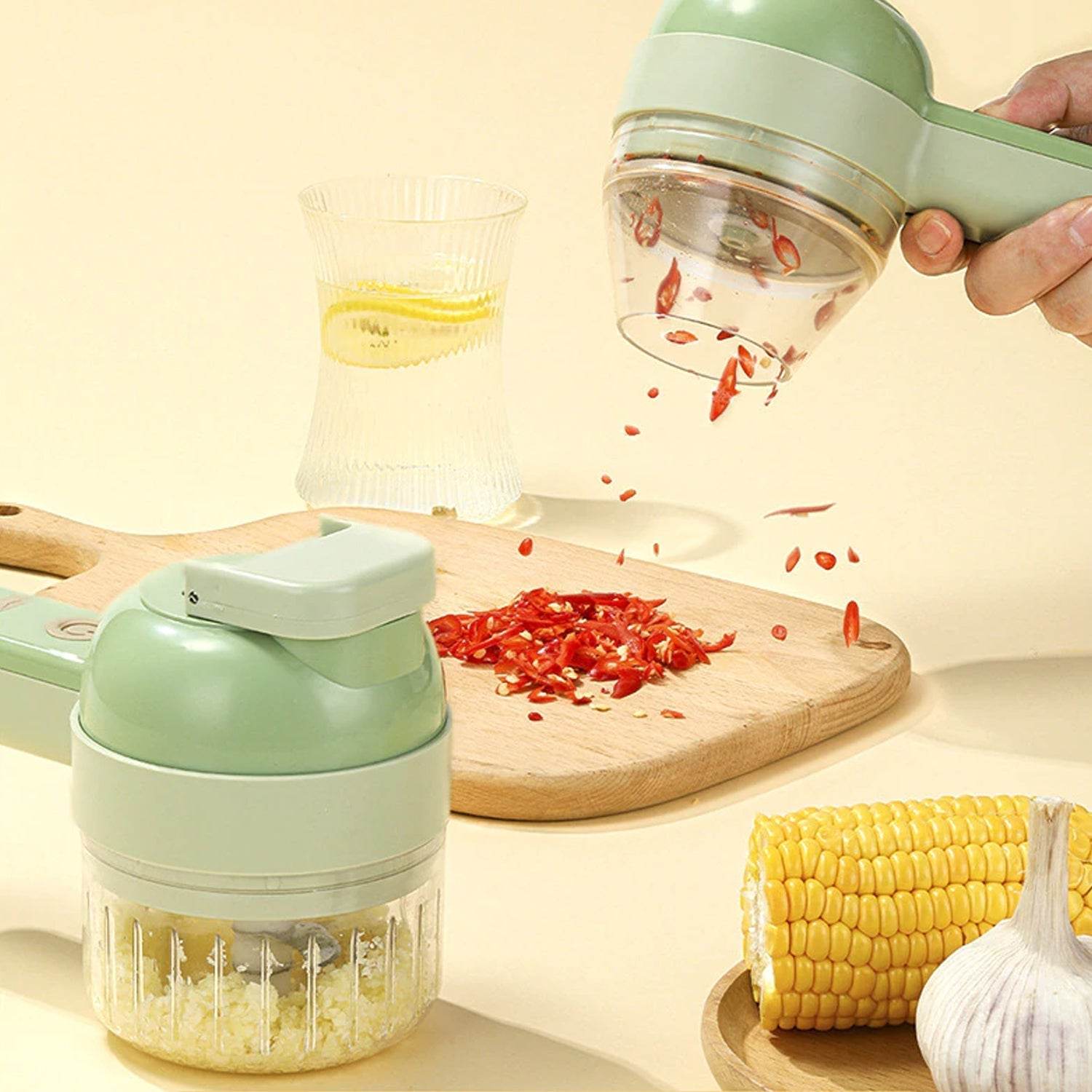 4 in 1 Handheld Electric Vegetable Cutter Set, Multifunction Mini Chopper Food Processor, Wireless Electric Garlic Mud Masher, for Garlic, Chili ,Onion, Ginger - infinityexculsivestore.com
