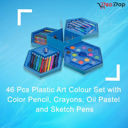 46 Pcs Plastic Art Colour Set with Color , Crayons, Oil Pastel and Sketch Pens - infinityexculsivestore.com