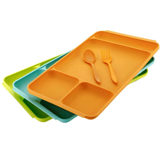 4Compartment Dish with Spoon and Fork(1 Dish Set with 1Spoon and 1Fork) Dinner Plate Plastic Compartment Plate Pav Bhaji Plate 4 - Compartments Divided Plastic Food Plate. - infinityexculsivestore.com