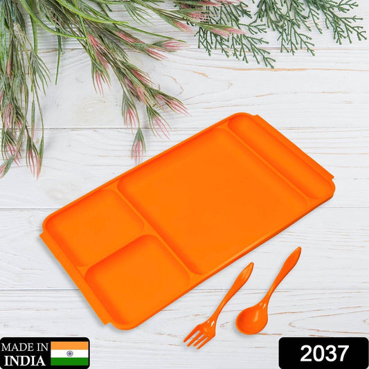 4Compartment Dish with Spoon and Fork(1 Dish Set with 1Spoon and 1Fork) Dinner Plate Plastic Compartment Plate Pav Bhaji Plate 4 - Compartments Divided Plastic Food Plate. - infinityexculsivestore.com