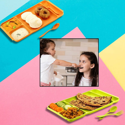 4Compartment Dish with Spoon and Fork(1 Dish Set with 1Spoon and 1Fork) Dinner Plate Plastic Compartment Plate Pav Bhaji Plate 4 - Compartments Divided Plastic Food Plate. - infinityexculsivestore.com