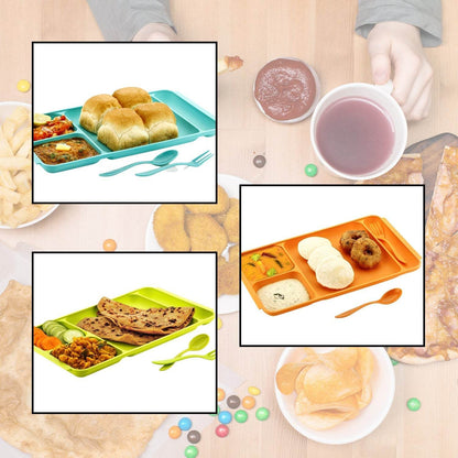4Compartment Dish with Spoon and Fork(1 Dish Set with 1Spoon and 1Fork) Dinner Plate Plastic Compartment Plate Pav Bhaji Plate 4 - Compartments Divided Plastic Food Plate. - infinityexculsivestore.com