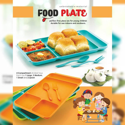 4Compartment Dish with Spoon and Fork(1 Dish Set with 1Spoon and 1Fork) Dinner Plate Plastic Compartment Plate Pav Bhaji Plate 4 - Compartments Divided Plastic Food Plate. - infinityexculsivestore.com
